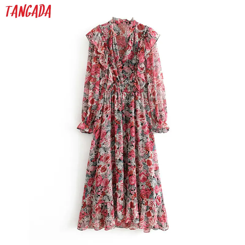 

Tangada women sweet ruffles chiffon dress V neck long sleeve stretch waist pleated female midi dresses vestidos 3H220