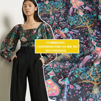 

100X145cm Fortune Tree Elephant Crane Printed Chiffon or Imitation Silk Satin Fabric For Woman Summer Dress Blouse DIY Sewing