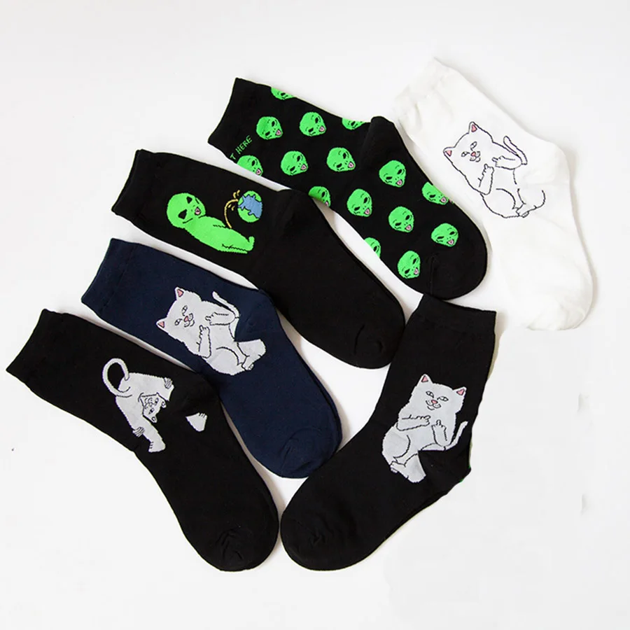 Jacquard Aliens Cat Funny Socks Women Black White Cute Calcetines Mujer  Divertido Happy Novelty Divertidos Skarpetki Crew Sokken - AliExpress