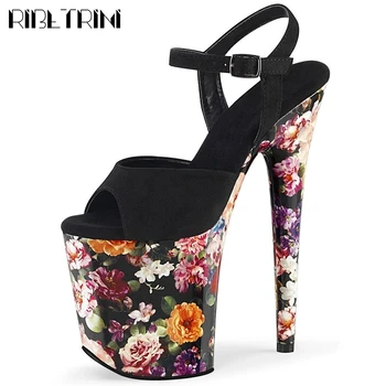 

RIBETRINI Ladies Cool Flower Print Platform Shoes Summer Super High Thin Heels Women Sandals Summer Party Sandals