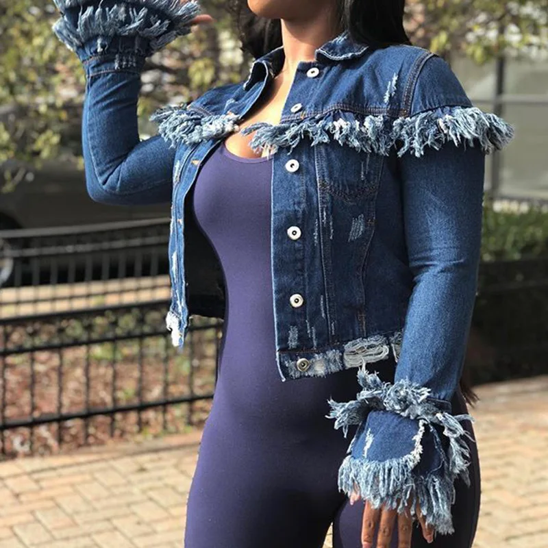

2020 new style denim jacket with frayed short and fringed fringe