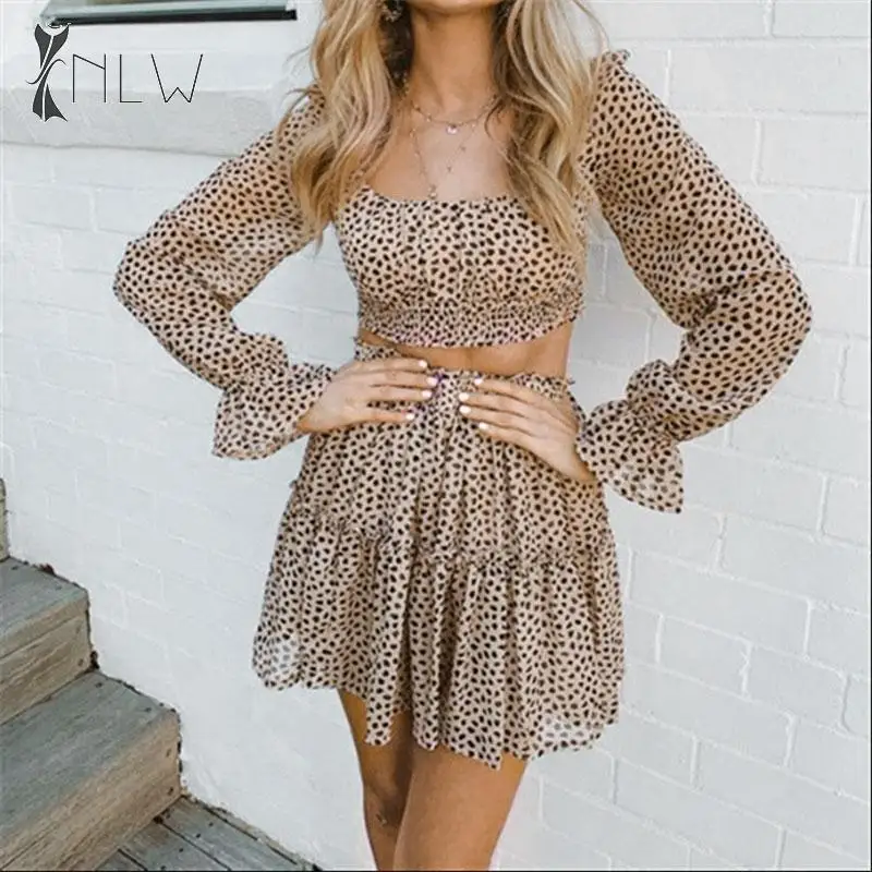

NLW Leopard Print Women Skirts Sets Autumn Winter Ruffle Plus Size Long Sleeve Crop Top High Waist Fashion Skirt Suits