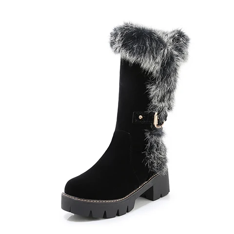 Party style comfortable flock warm winter plush mid-calf boots fashion waterproof zipper medium with riding boots women's shoes - Цвет: black winter
