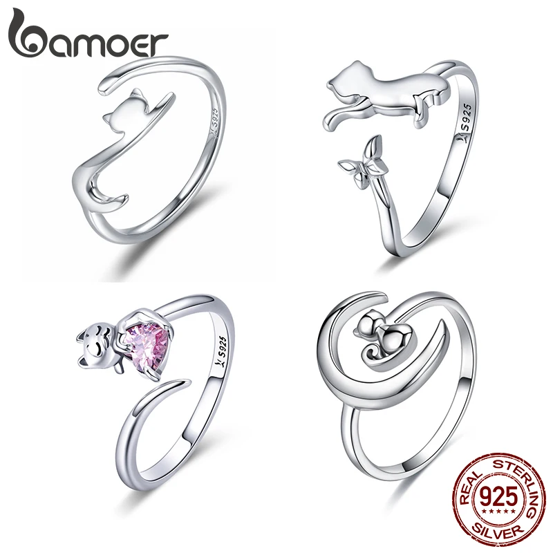 BAMOER, регулируемое кольцо на палец "Ленивый котенок", подлинный 925 пробы, Серебряный кошачий хвост, модное кольцо, хорошее ювелирное изделие GXR220