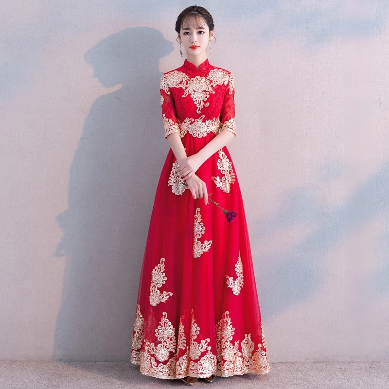 Stylish Sexy Lace Mesh Flower Wedding Dress Evening Dress Chinese Wedding Toast Dress Improved Qipao Vestidos Size S-XXL