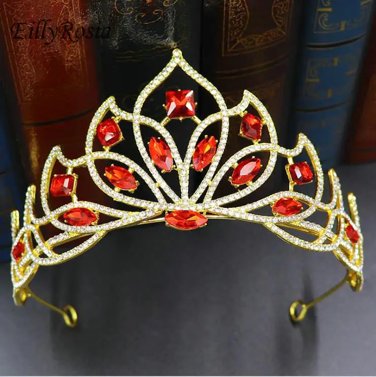 

EillyRosia Bridal Crown Simple European Style Red Rhinestones Gold Green Crystal Petal Crown Wedding Hair Accessories Factory