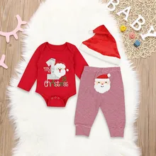 Одежда для рождественских праздников; комбинезон с буквенным принтом для малышей; комбинезон+ штаны с рождественским принтом Санты+ шапка; осенняя одежда для детей