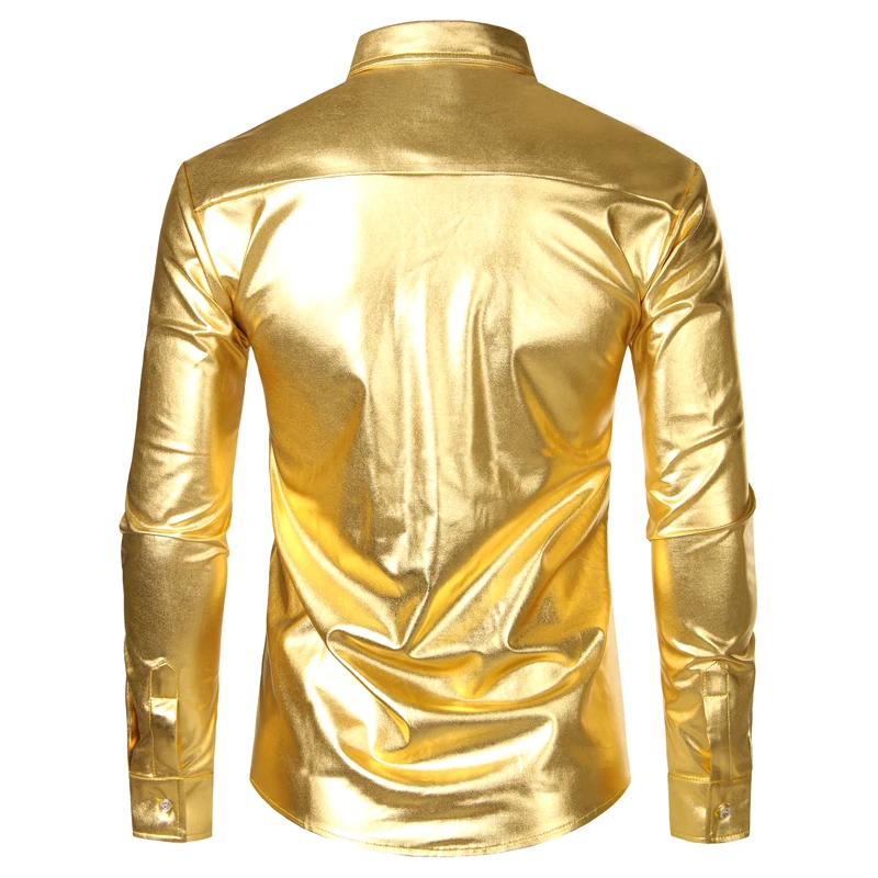 Long Sleeve Shirt Men Glitter Shirt Men&rsquo;s Disco Shiny Gold Sequin Metallic Design Dress Shirt Long Sleeve Button Down Christmas Halloween Bday Party Stage Costume