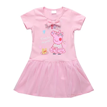 

peppa pig girl summer short-sleeved dress net yarn bow princess skirts cotton cartoon dolls kids clothing