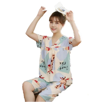 

Spring Summer Autumn Cotton Women Sleep Pajama Sets Print Thin V Neck Sleepwear Home Breathable Loose Short Sleeve Nightwear