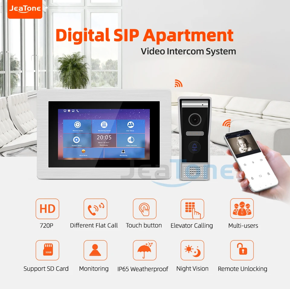 Jeatone Tuya умный 7 дюймовый Wi Fi IP внутренний монитор для виллы видеодомофон Домашняя