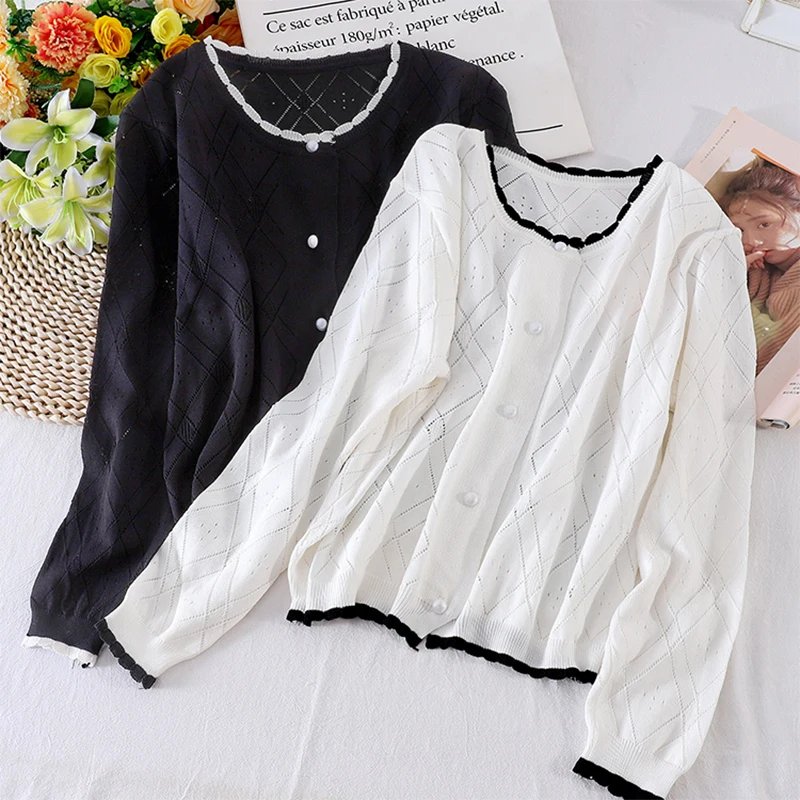 

Hollow Out Knitted White Top Women 2020 Summer Autumn Single Breasted Long Sleeve Shirt Black Womens Tops and Blouses Elegant