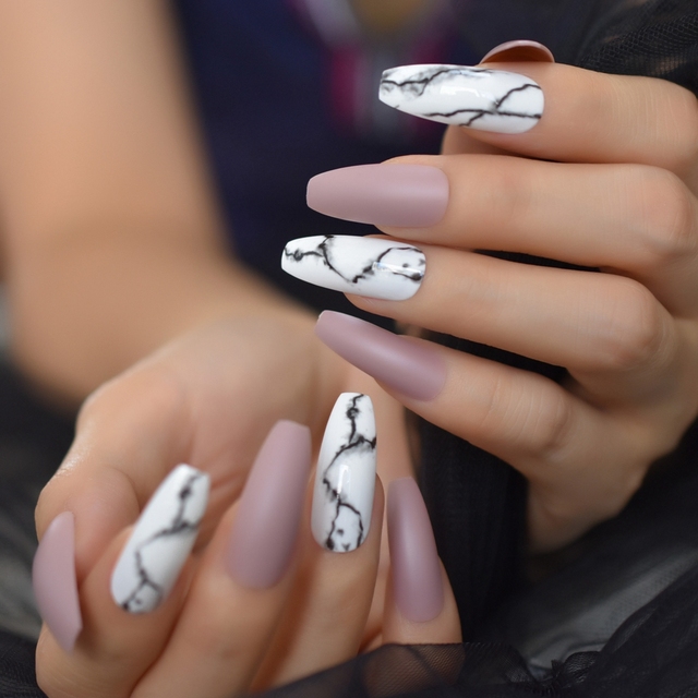 Nail Kits Mix Nails Art Tips Black White Marble Matte Cream Pink Extra Long Ballerina Faux Ongles for Party