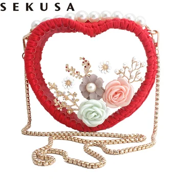 

SEKUSA new design heart women evening bags knitted beaded ladies clutch bags with flower diamonds shoulder handbags