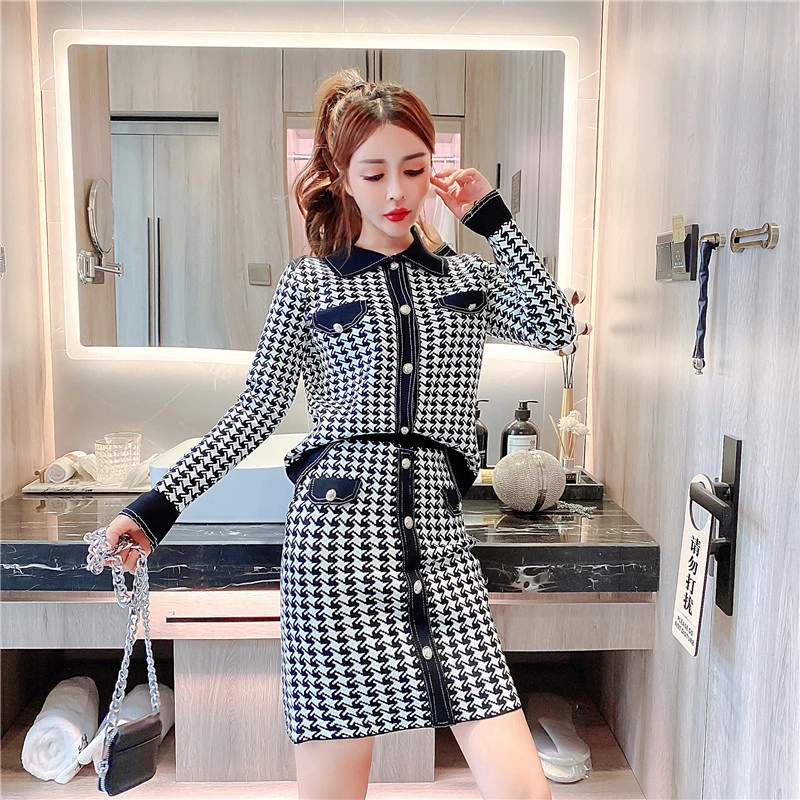 Women'S Fashion Houndstooth Knit Setup Winter Sweater Clothes With High Waist Skirt Autumn OL Two-Piece Korean Party Dress Sets |