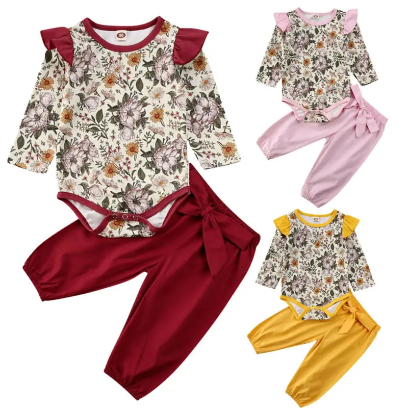 Одежда для новорожденных девочек, Рождественский комбинезон с цветочным принтом и бантом, Топы+ штаны, комплекты одежды