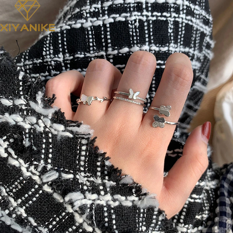 XIYANIKE 925 Sterling Silver Open Rhinestone Double Butterfly Ring Index Finger Female Fashion Sweet Trend Handmade GIft Jewelry afbeelding