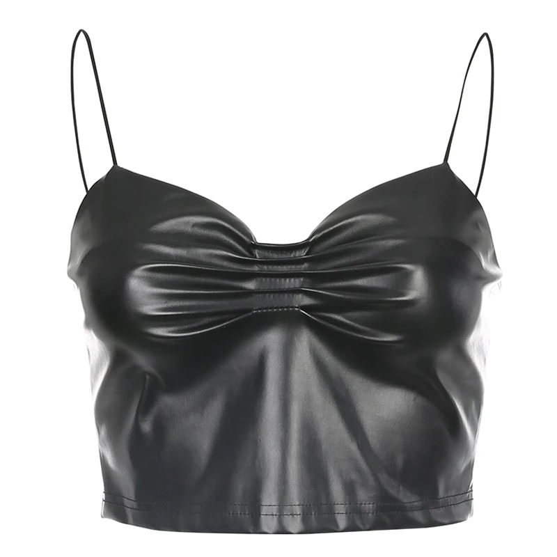 ArtSu Pu Faux Leather Sleeveless Cami Top Summer Black Backless Spaghetti Strap Top Ruched Sexy Wrap Crop Top Harajuku ASVE20952 - Цвет: Черный
