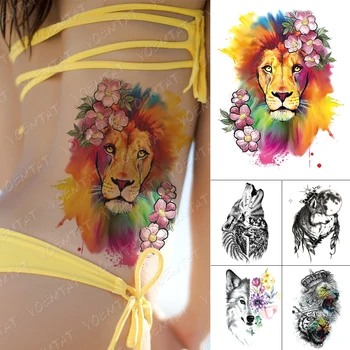 

Waterproof Temporary Tattoo Stickers Color Lion Flower Doodle Flash Tattoos Female Cute Watercolor Body Art Fake Sleeve Tatoo