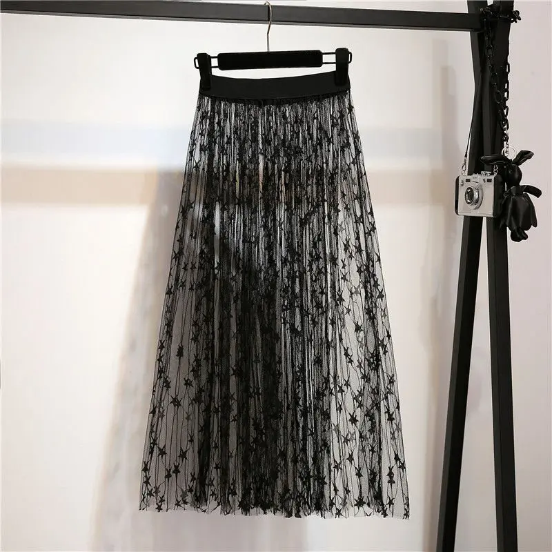 style 2 black Женская плиссированная летняя юбка, тонкая сетчатая кружевная юбка с тюлем Jupe Jemme, белая черная юбка с высокой талией, сексуальные длинные юбки макси C5537 - Цвет: style 2 black