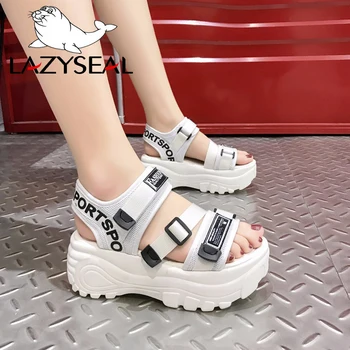 

LazySeal Platform Women Sandals 2020 Summer Leather Buckle Thick Bottom Letter Women Beach Sandal Chunky Woman Shoes