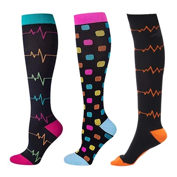 

3 Pairs Running Circulation Recovery Women Compression Socks Stretch Printed Flight Nursing Long Tube Stockings Hiking Travel