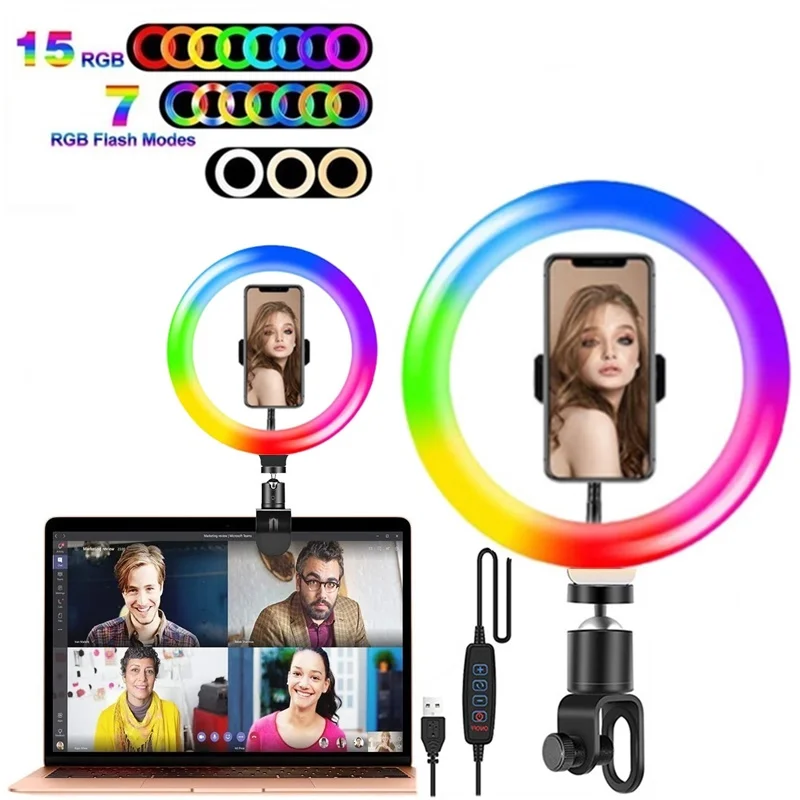 Tongdaytech-LED 셀카 링 필 라이트, 메이크업 비디오 라이브, 삼각대와 밝기 조절 가능한 RGB 링 램프, Youtube Aro De Luz Para Celular
