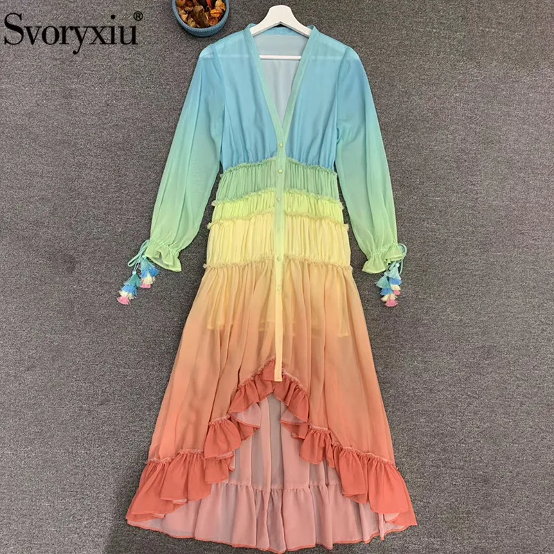 

Svoryxiu Runway Designer Beach Women's Dresses Chiffon V-neck Long Sleeve Hit Color Asymmetry Vacation Party Midi Dress
