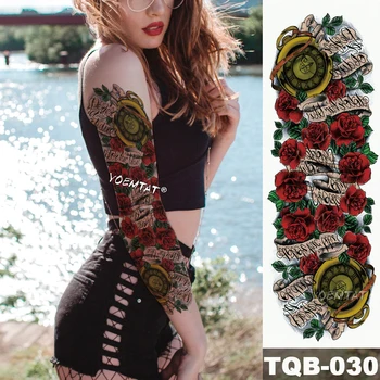 

New 1 Piece Temporary Tattoo Sticker Rose scroll vintage Pocket watch Tattoo Arm Body Art Big Sleeve Large Fake Tattoo sticker