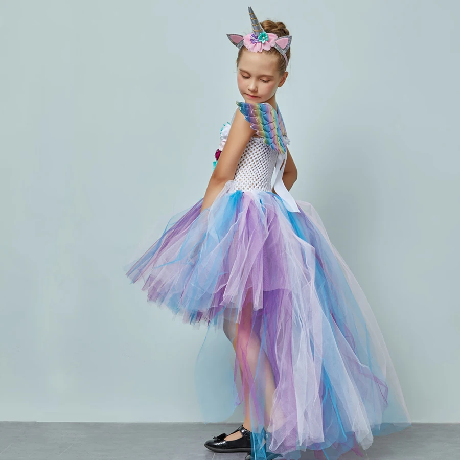 Kids Pastel Rainbow Unicorn Princess Tutu Dress Girls Halloween Pageant Costume Kids Tulle Train Unicorn Birthday Ball Gown Dress  (5)