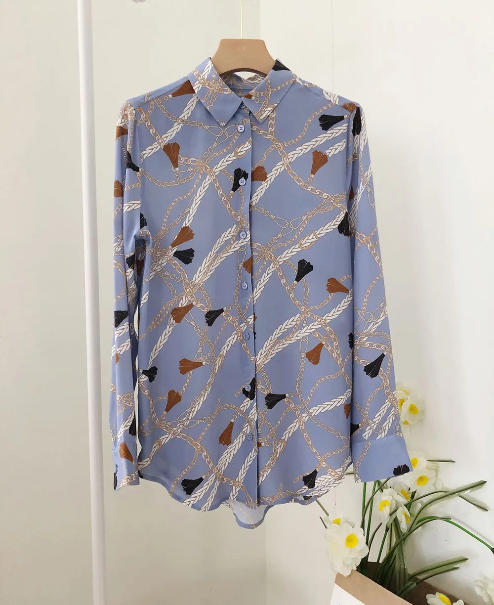 

Top Version Women Silk Chain Printed Shirt Top - Ladies Blue/Beige Long Sleeve Lapel Blouse Shirt