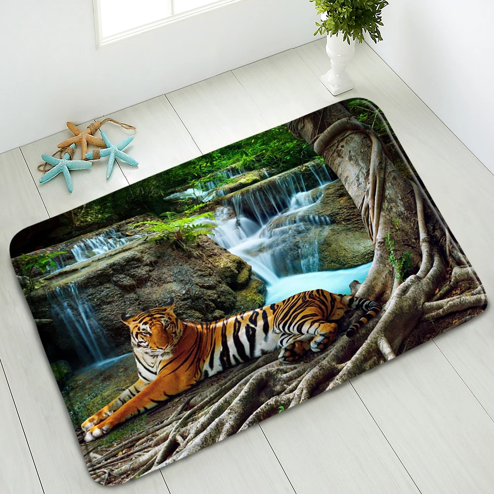 TigerNonSlipBathroomMatFerociousAnimalElephantWaterfallForest