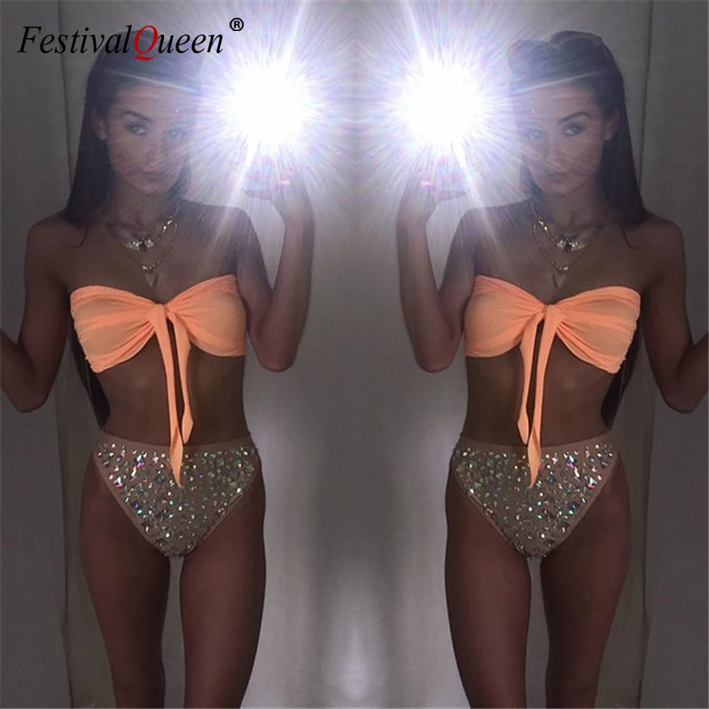 

Women Sexy Diamond Rhinestone Bikinis Set Fashion Holiday Strapless Beach Swimsuit Bathing Beachwear Bikini Two Piece Set