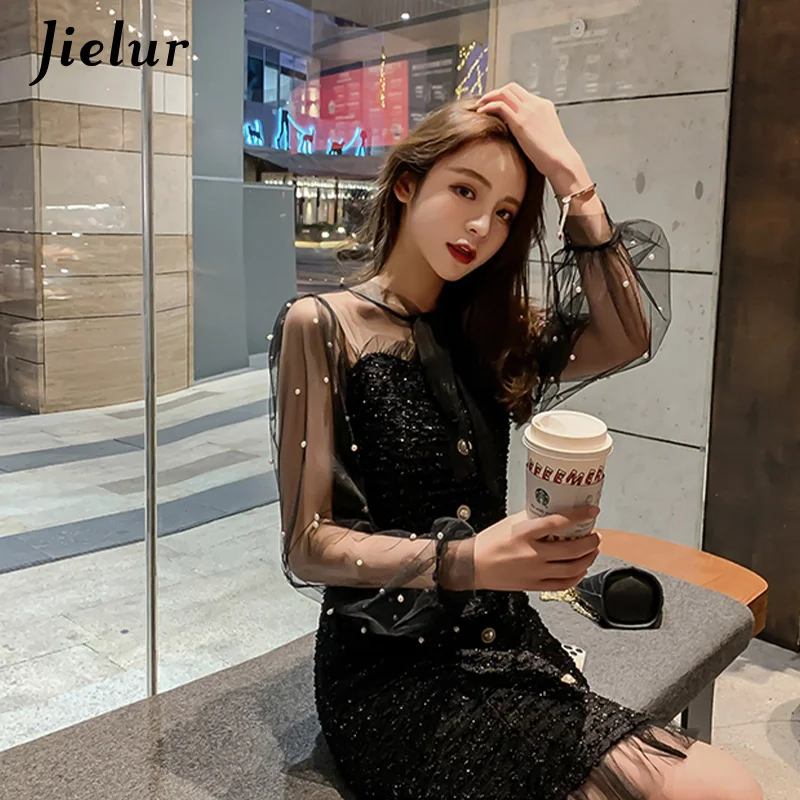 Jielur Сетчатое платье элегантное с длинным рукавом на пуговицах Осень-зима новинка модное женское корейское черное тонкое Vestidos сексуальные вечерние