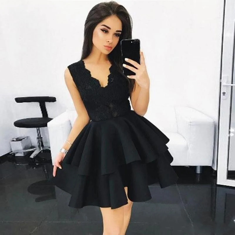 

2019 Short Prom Dresses V-neck Cap Sleeve Lace Beaded Sequined Graduation Dress With Ruffs Girls Navy Blue Evening gowns
