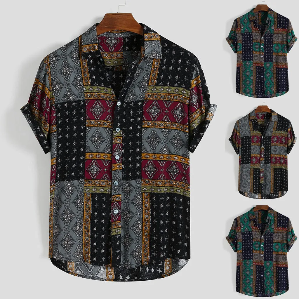 

Womail 2019 New Arrival Summer Vintage Ethnic Style Men Shirt Loose Printing Rayon Button Short Sleeve Beach Hawaiian Shirts