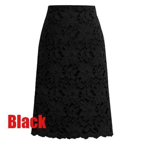 Кружевная Женская юбка, плюс размер, 5XL, офисная юбка, длина до колена, высокая талия, юбка, бандаж, элегантная женская кружевная юбка с цветами, летняя юбка, faldas - Цвет: Black