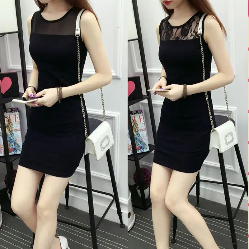 

2019 Summer Outer Wear Lace Camisole Vest Skirt Women's Base Slim Fit Sheath Mid-length Large Size Mesh Dress
