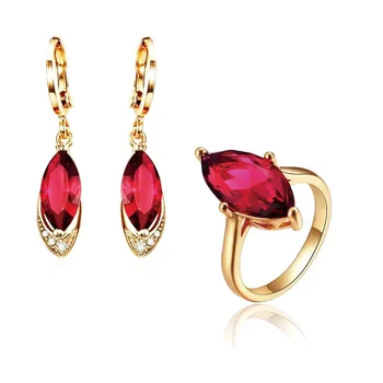 

MxGxFam ( Special Price ) Noble Horse Eye Zircon Red Earrings and Ring Jewelry Sets for Women Gold Color 18 k