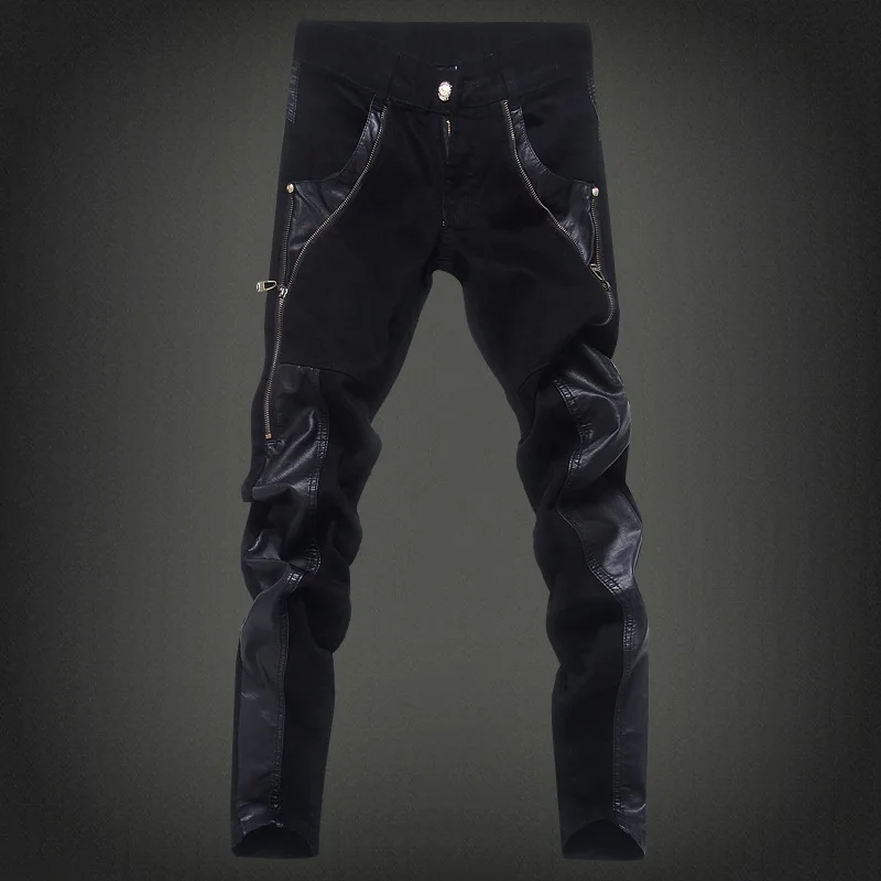 Men Trousers Leather Pants Skinny Pants Men's Zipper Motorcycle Leather Pants Denim