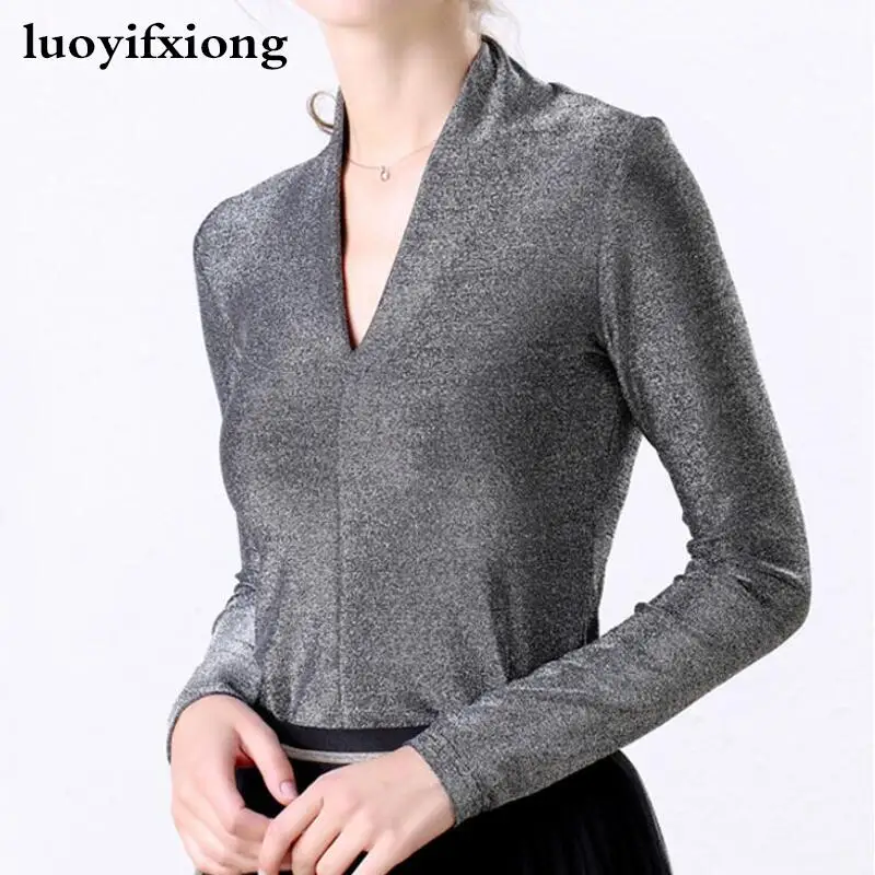 

Fashion V-neck Women Blouses Bright Silk Long Sleeve Slim Plus Size Blouse Women Shirts Shiny Lurex Korean Ladies Tops Blusas