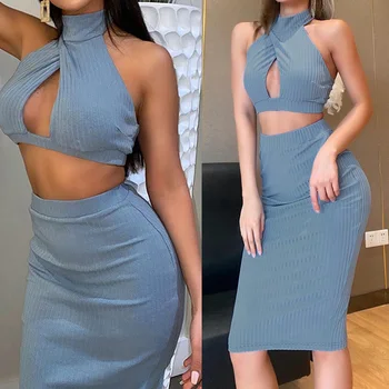 

Women Hollow Out Two Piece Set Summer Party Wear Sexy Sleeveless Deep V-Neck Crop Top Bodycon Skirt Set Blue