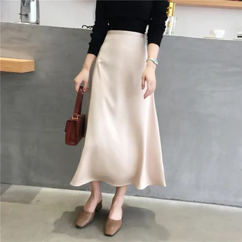 

Women Elegant Skirt Ladies Glossy Satin Plain Shiny Fashion Party Office Solid High Waist Skirts