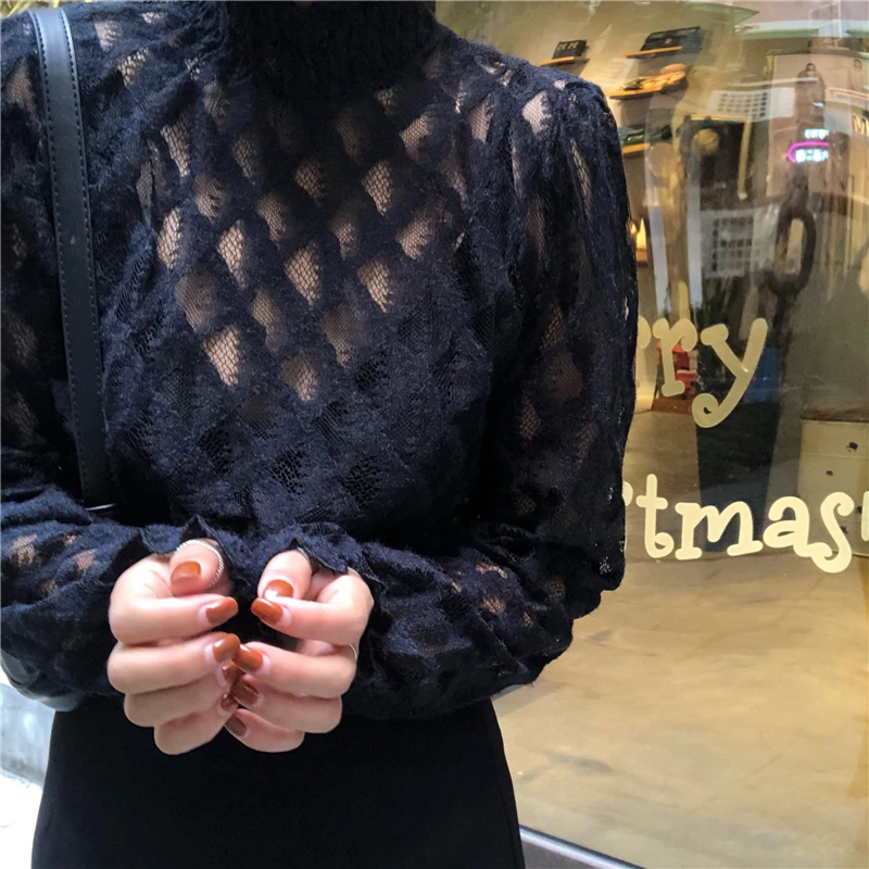 CHEERART кружевная шифоновая блузка Женская водолазка белый черный женский топ прозрачная блузка корейская модная одежда