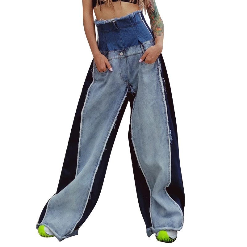 SISPELL модного цвета, в стиле пэчворк, женские джинсы с кисточками, брюки с высокой талией, широкие длинные женские джинсовые брюки, 2019 осень