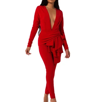 

Sexy Deep V Solid Women Two Piece Suits Autumn Long Sleeve Irregular Hem Female Matching Sets Winter Casual Club Black Outfits