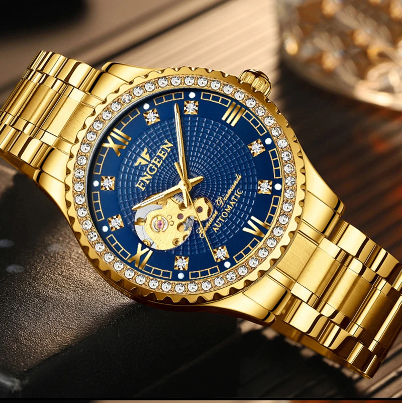 FNGEEN-Reloj de pulsera para hombre, con espejo de cristal recubierto, tallado hueco, dorado, automático, mecánico, estilo británico, resistente al agua - Imagen 4