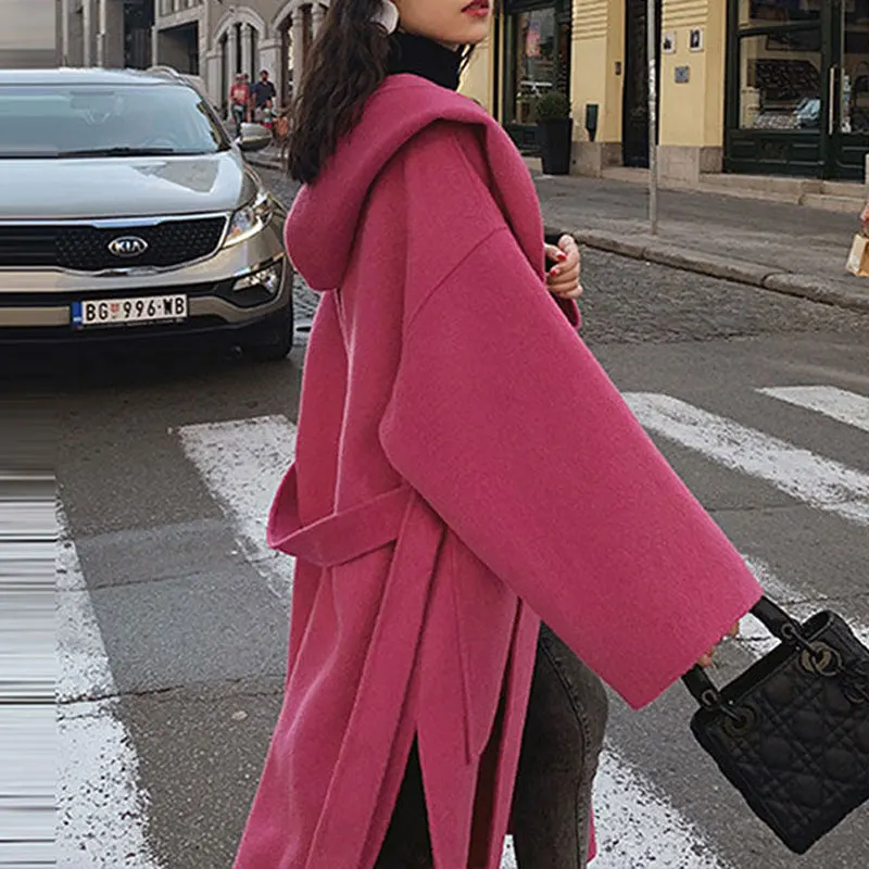 Новые зимние женские однотонные шерстяные пальто с капюшоном женская элегантная