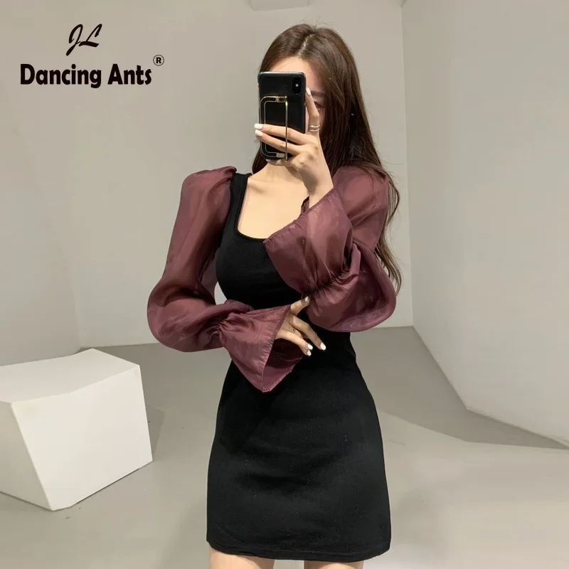 Женское Сетчатое платье в стиле пэчворк элегантное трапеция Корейском с