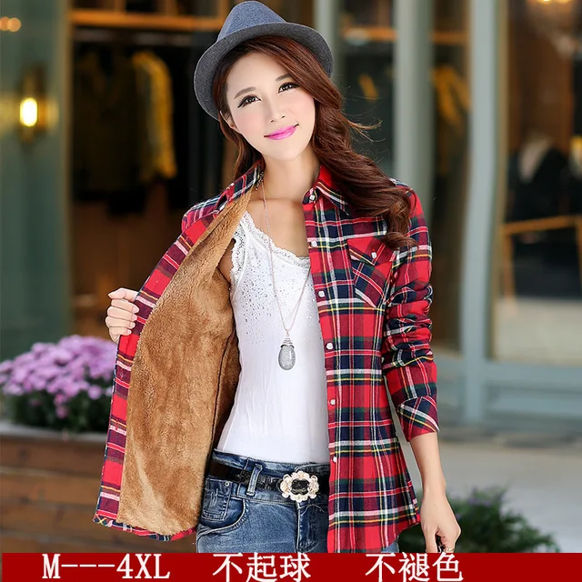 US $9.57 Winter Warm Blouses Camisa Femininas Long Sleeve Thick Velvet Plaid Shirt Flannel Shirts Cotton Top